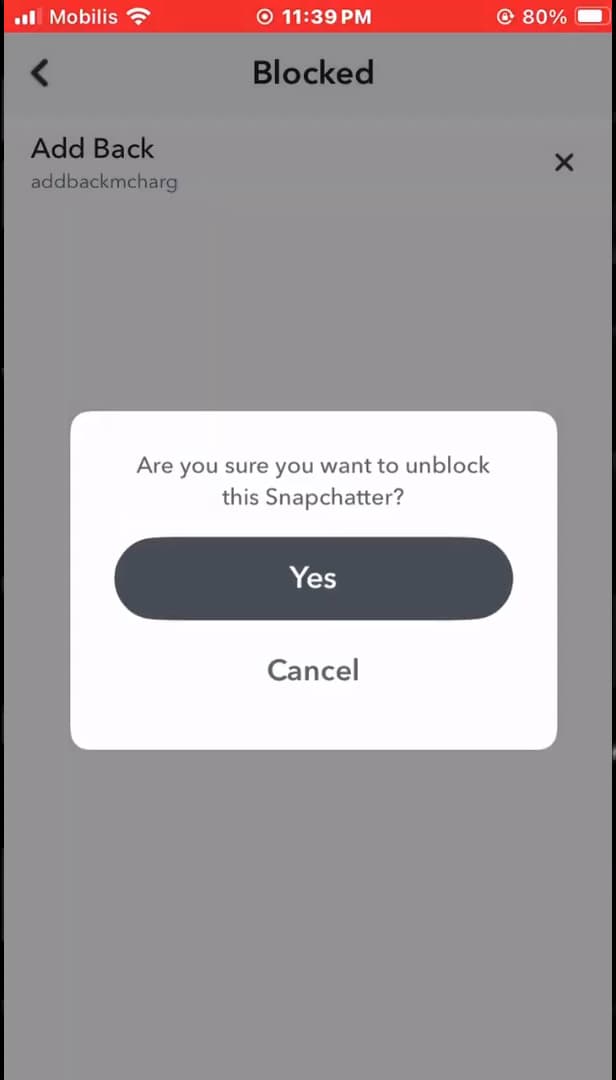 Confirmation de déblocage d'un contact dans la liste des bloqués Snapchat