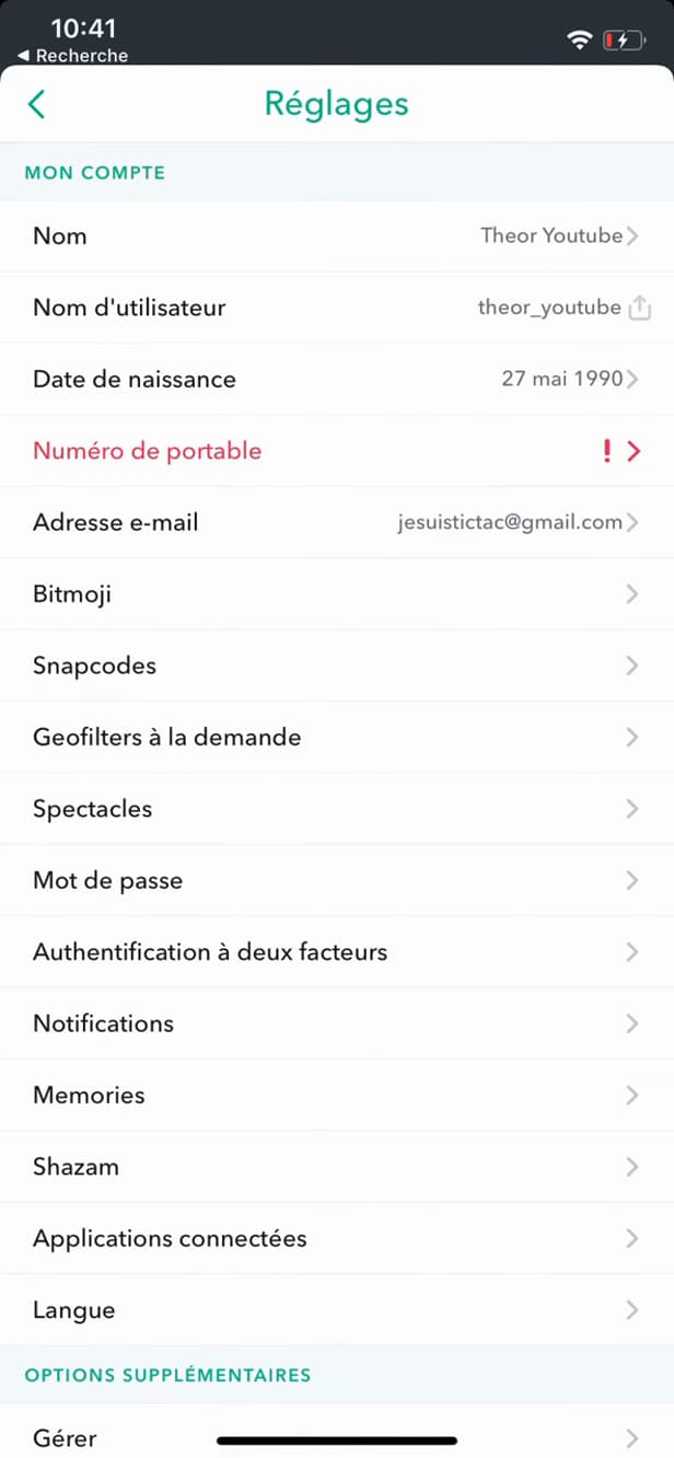Email Address setting on Snapchat