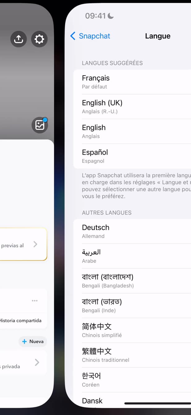 Snapchat after changing the language