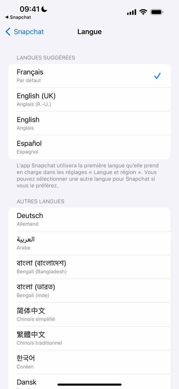 List of available languages on Snapchat