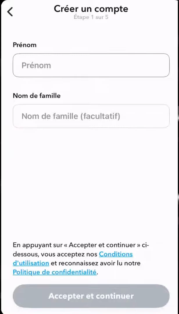 Écran Créer un compte Snapchat