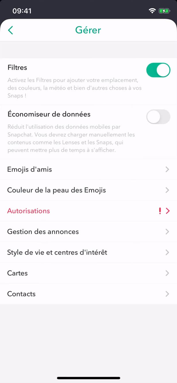 Filters toggle switched on in Snapchat settings