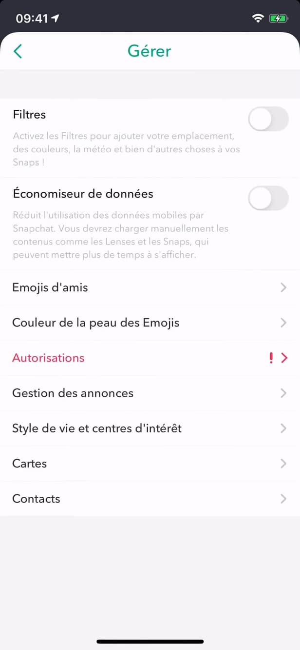 Snapchat additional services Manage menu