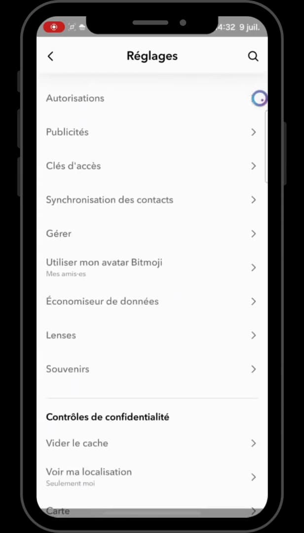 Menu Réglages de Snapchat