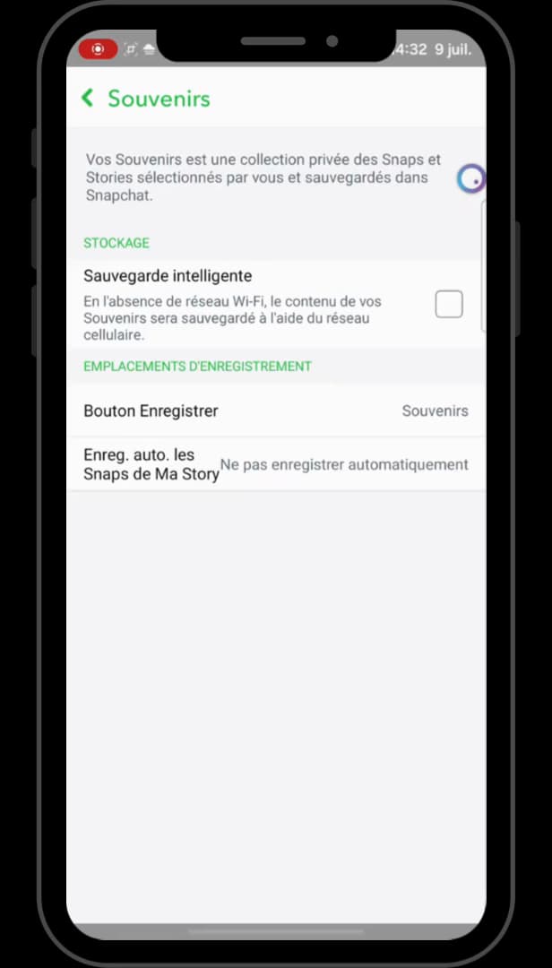 Réglages des Souvenirs Snapchat avec la sauvegarde intelligente