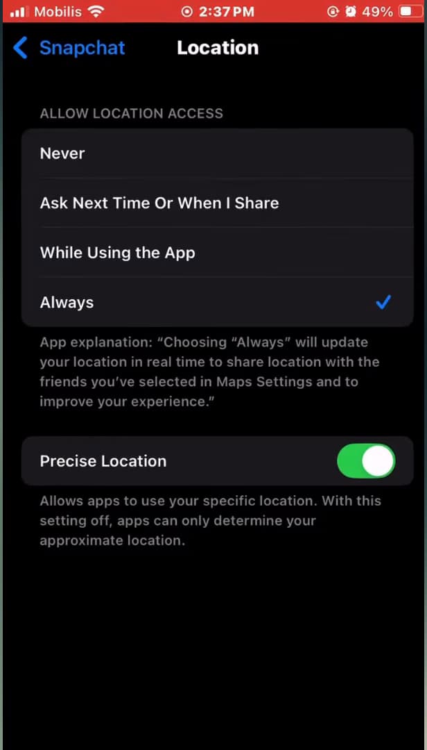 Setting Snapchat's location permission to Always