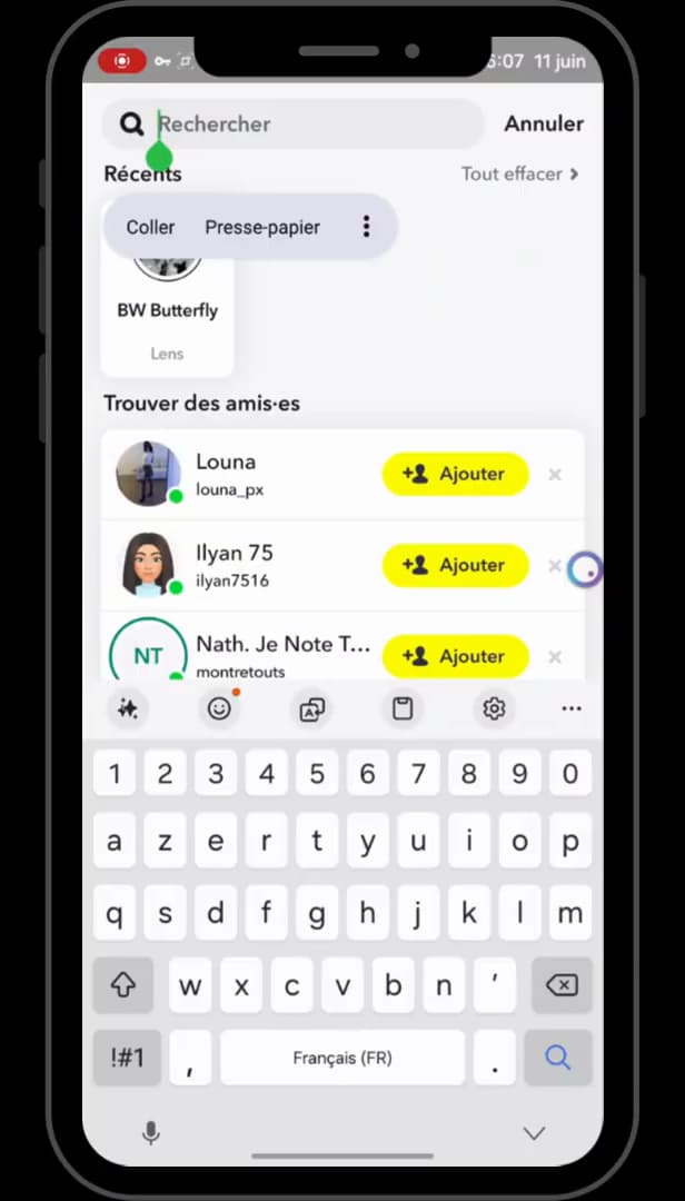Snapchat search screen to find a contact