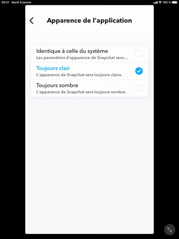 Option Apparence de l'application dans les réglages Snapchat