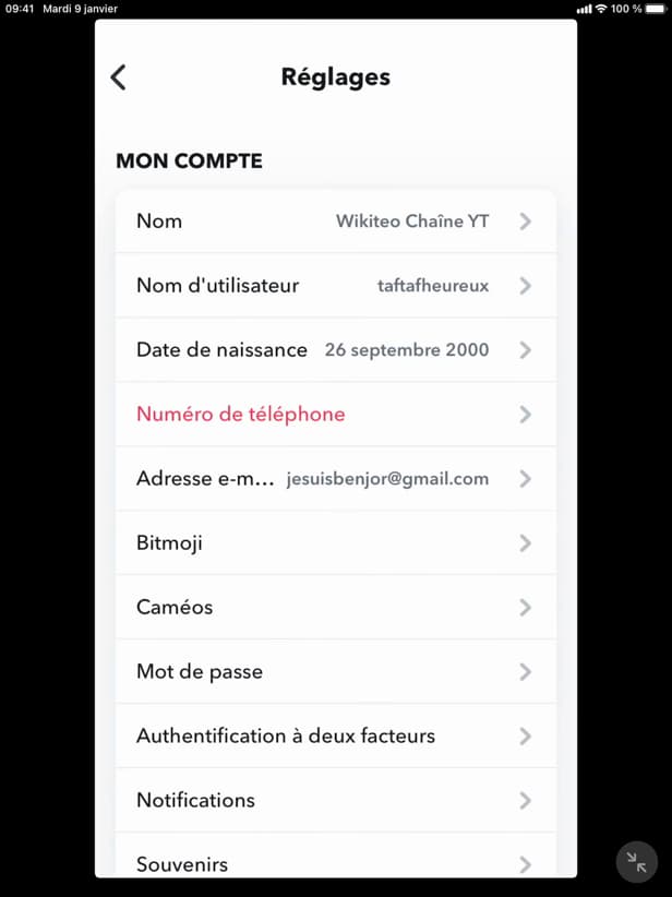 Réglages du compte Snapchat