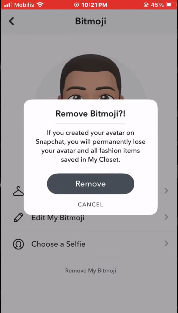 Confirmation window to unlink the Bitmoji on Snapchat