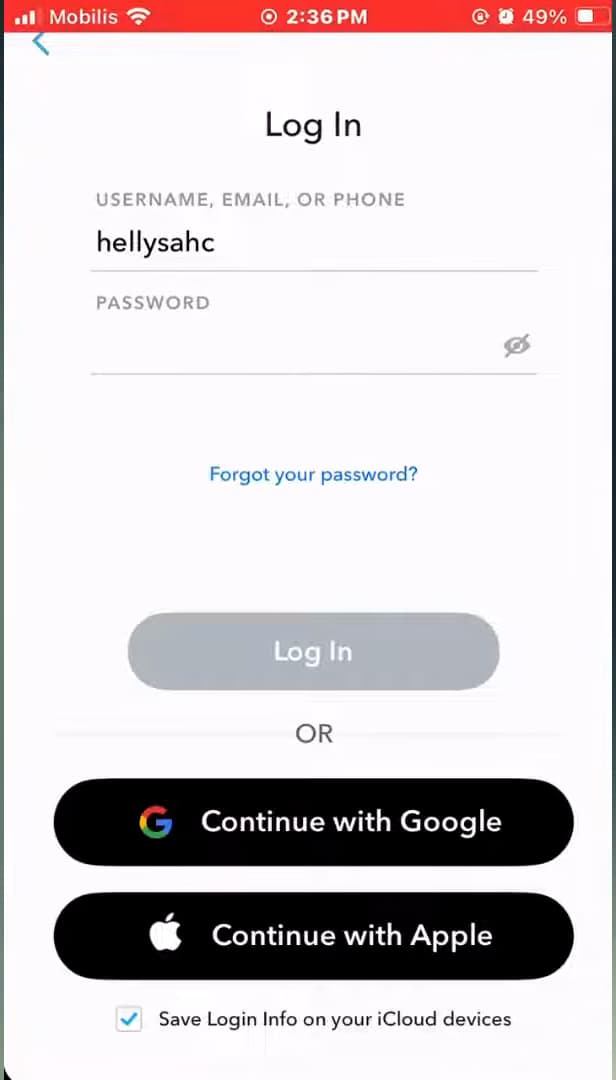 Écran de connexion Snapchat où apparaît l'erreur SS06