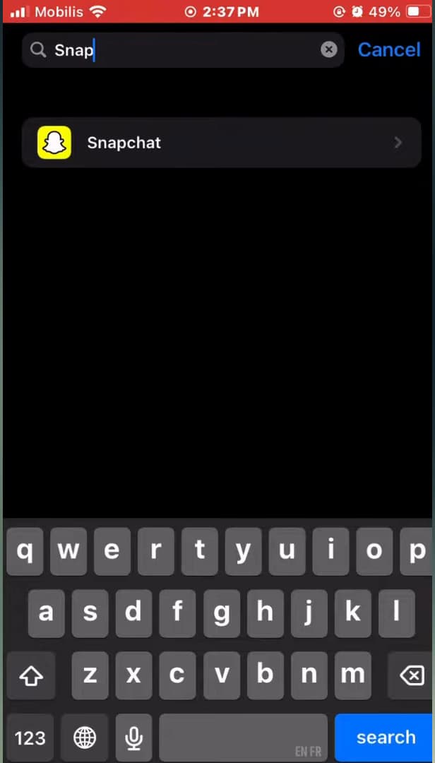 Recherche de l'application Snapchat dans les réglages du téléphone