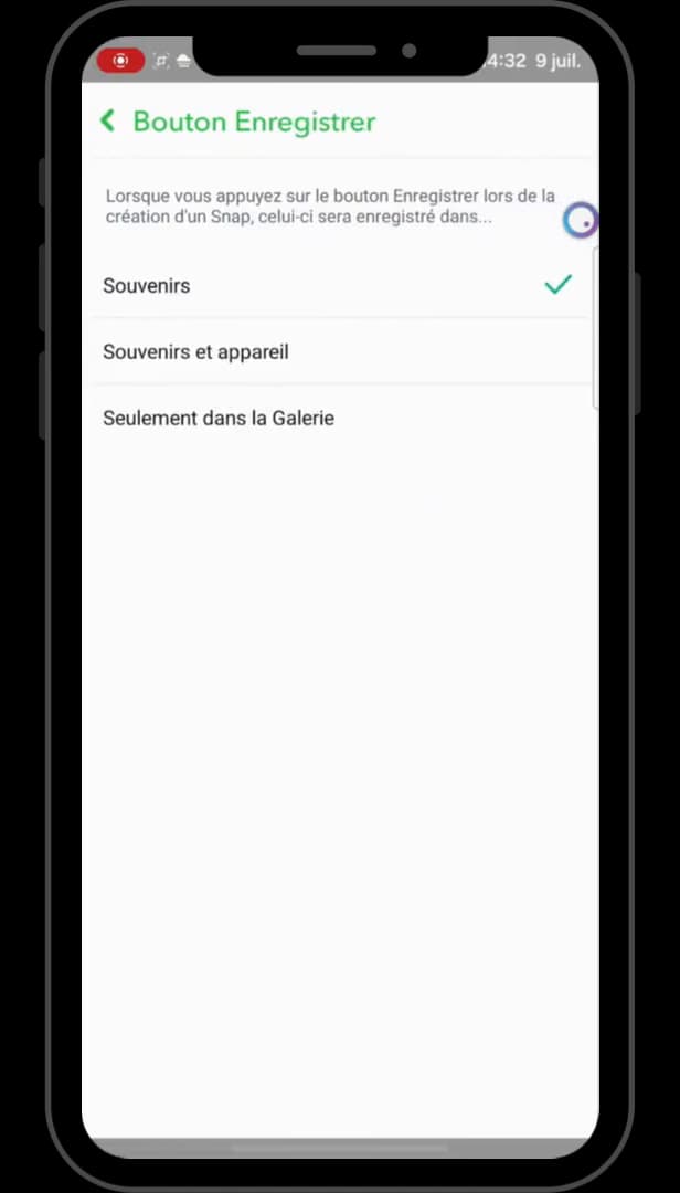 Snapchat Save Button options: Memories, Memories & Camera Roll, Camera Roll