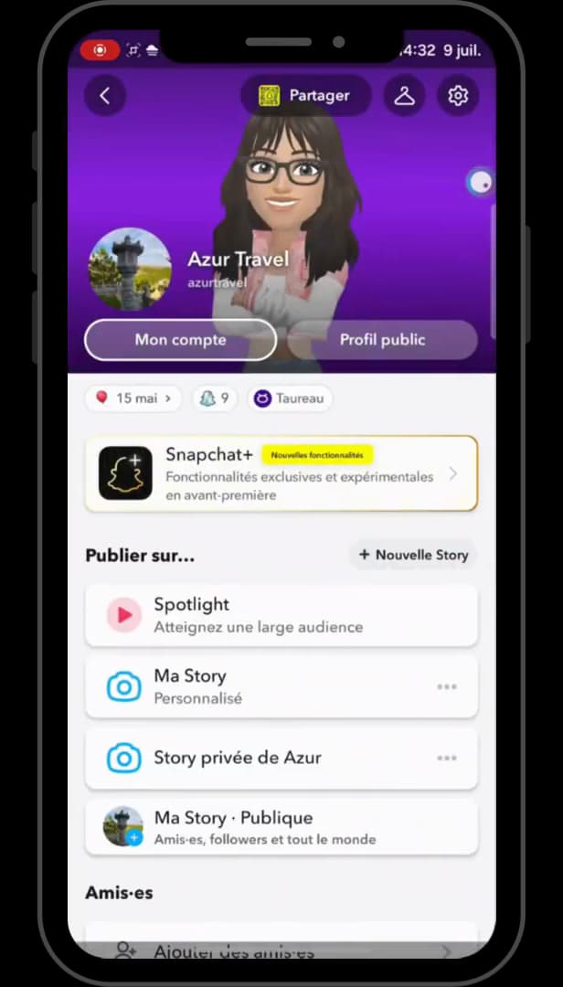 Snapchat profile screen with the Bitmoji and account options