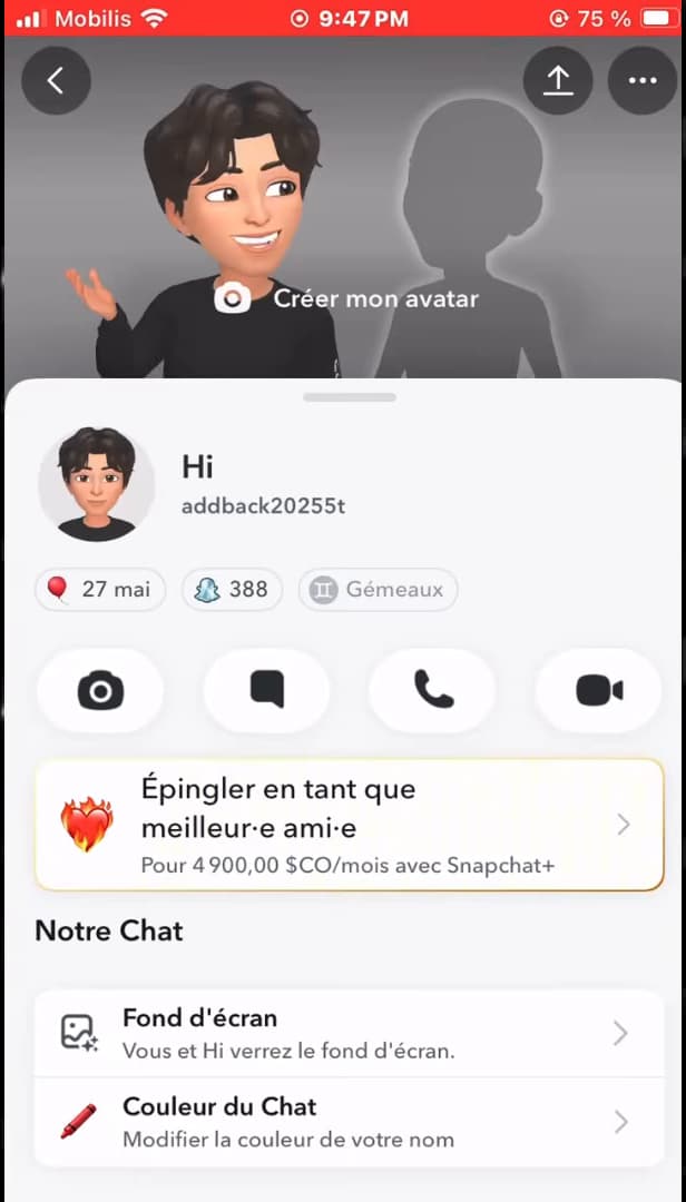Fiche d'un ami sur Snapchat avec son Bitmoji