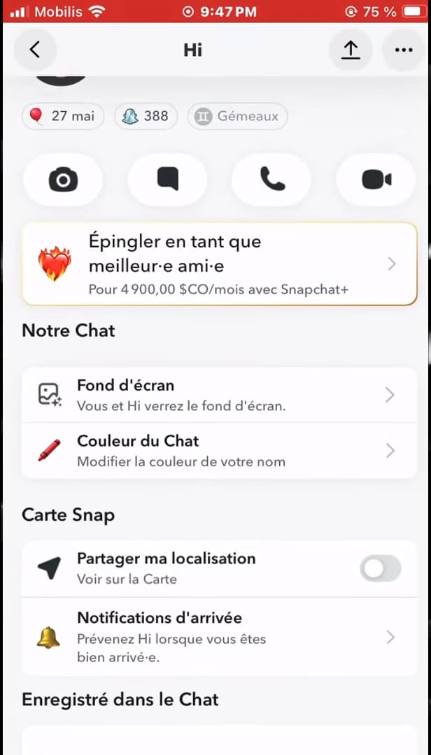Option Notifications d'arrivée sur la fiche d'un ami Snapchat