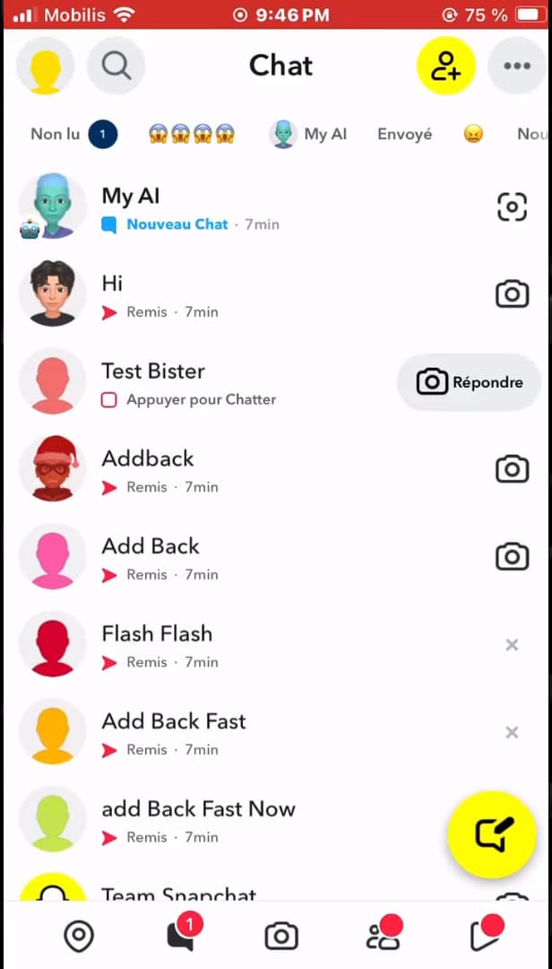 Snapchat chat list showing friends' recent activity