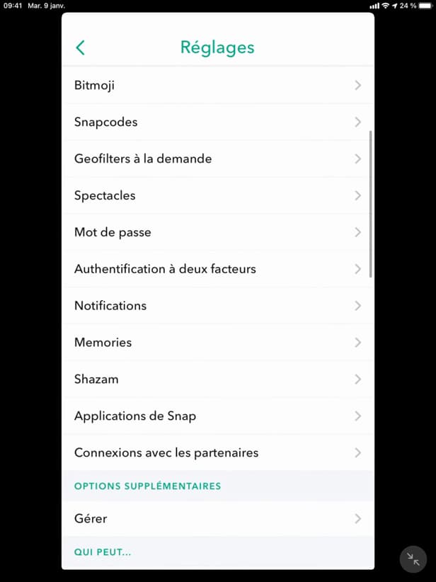 Réglage Memories dans les paramètres Snapchat