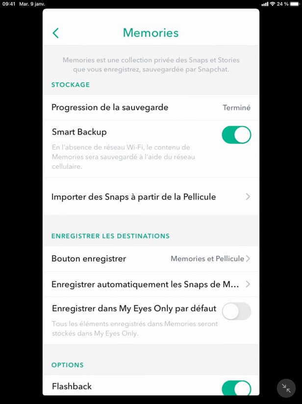 Options section with Flashback on Snapchat