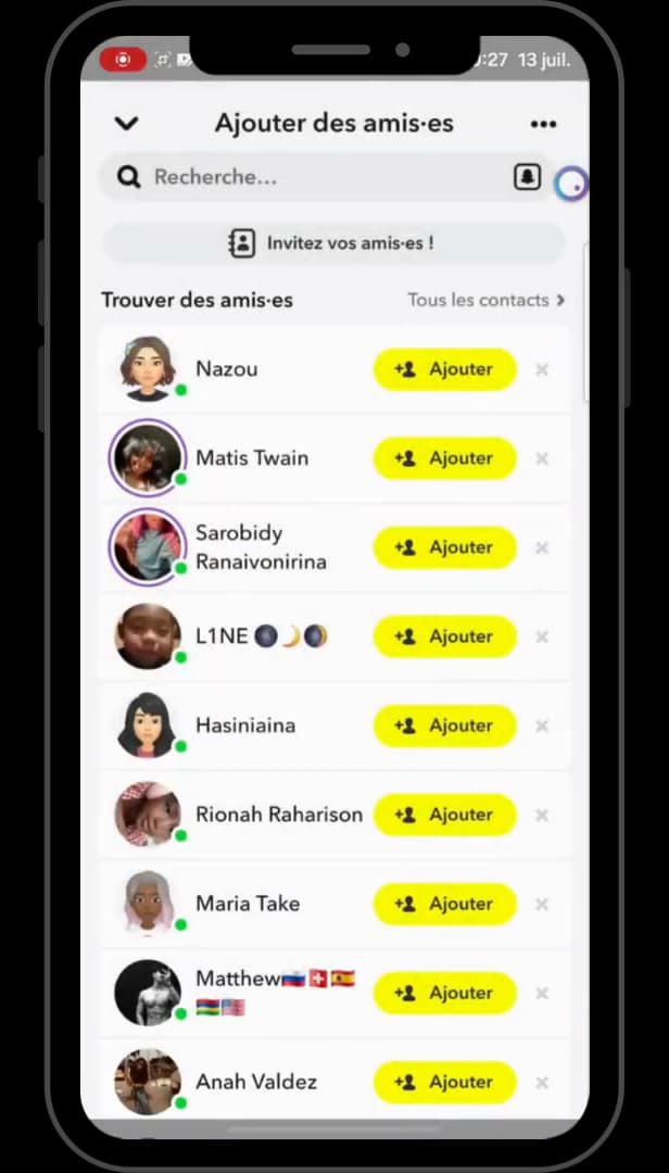 List of synced contacts on Snapchat