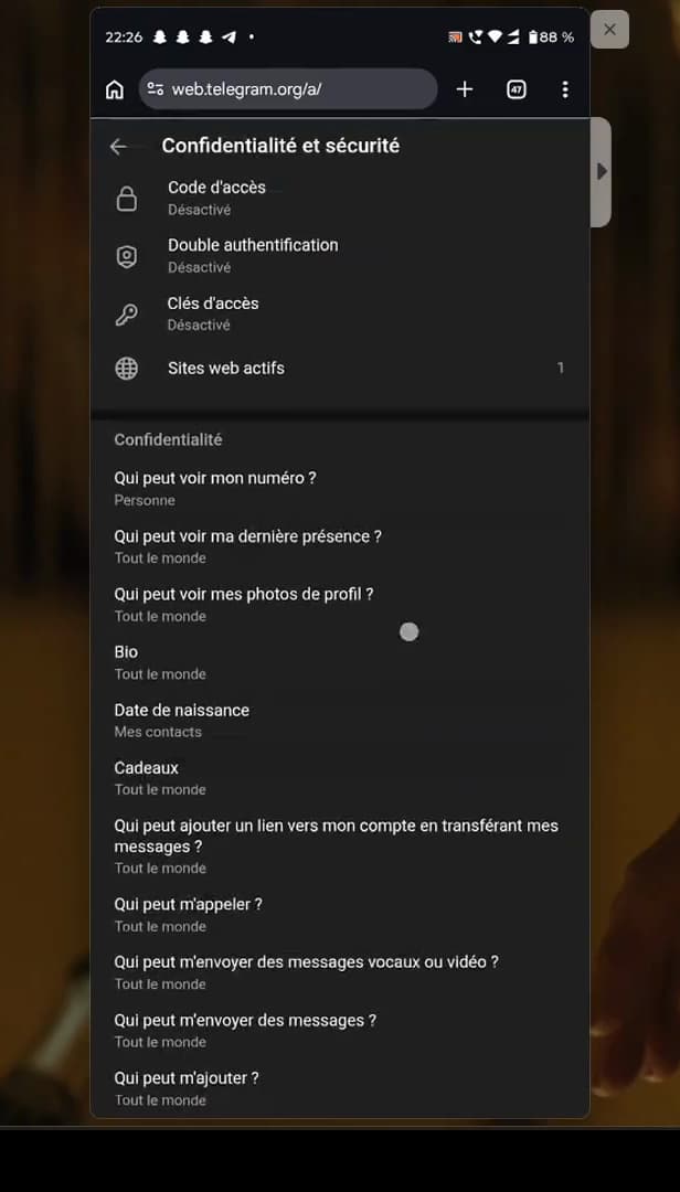 Telegram Privacy and Security settings