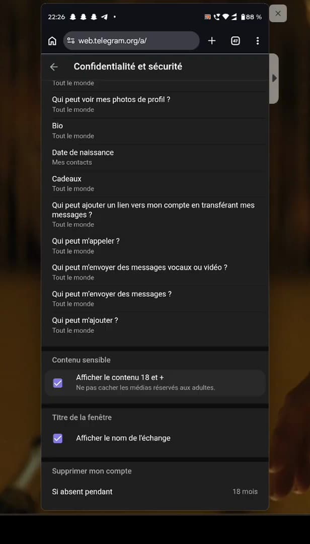 Display 18 and over content option on Telegram