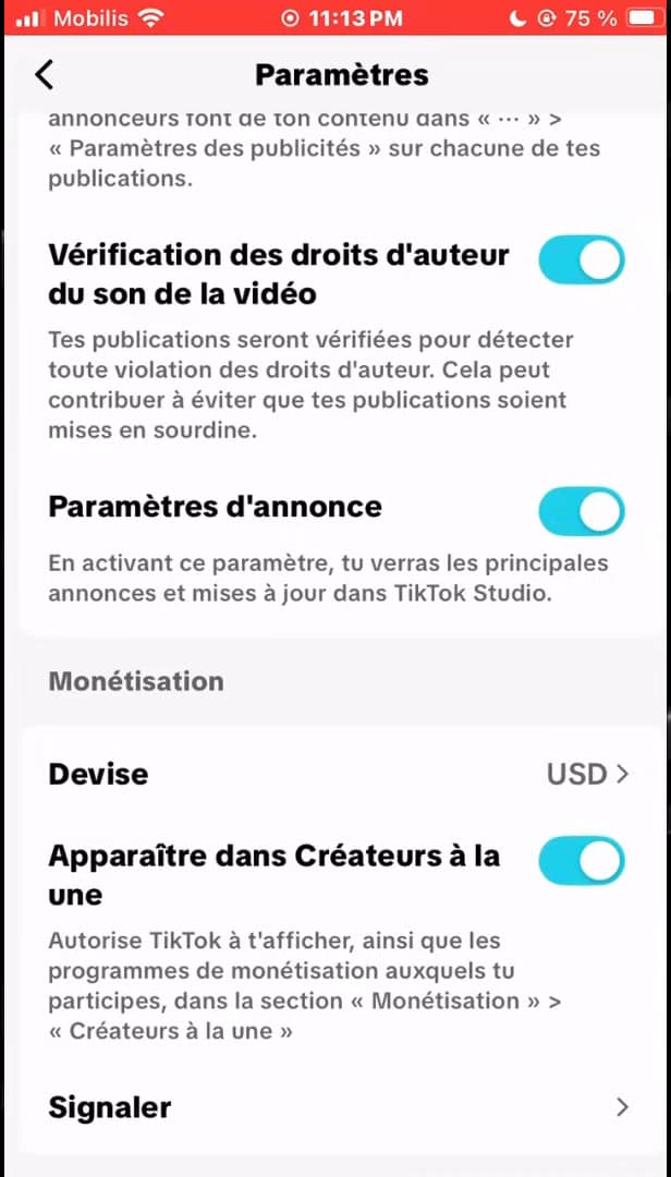Section Monétisation dans les paramètres TikTok