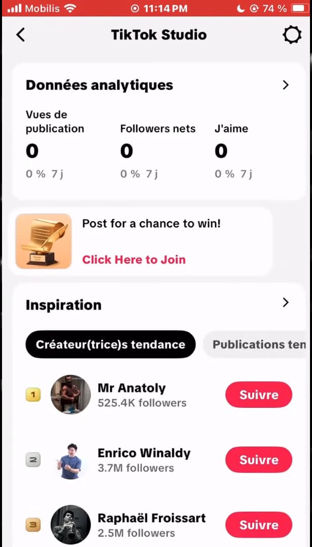 TikTok Studio avec les données analytiques du compte