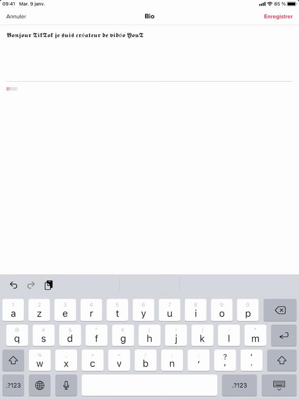 Pasting stylish text into a TikTok bio