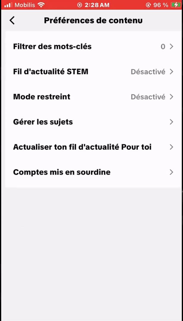 Préférences de contenu de TikTok avec le Mode restreint