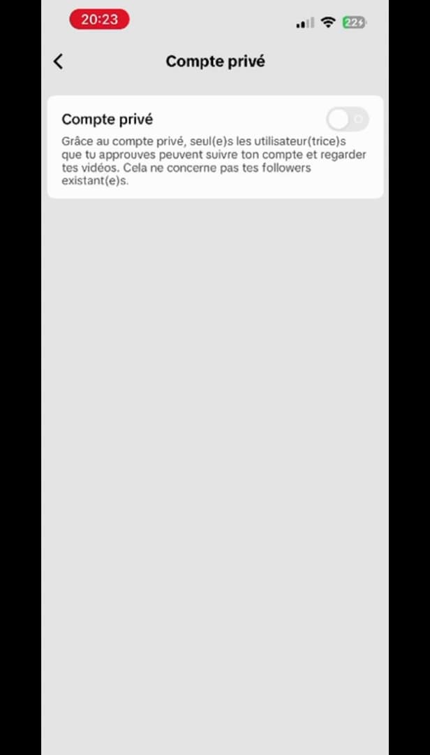 Private account toggle switched on in TikTok