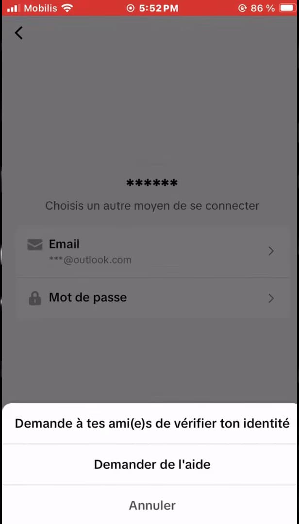Écran de connexion TikTok avec l'option Demander de l'aide