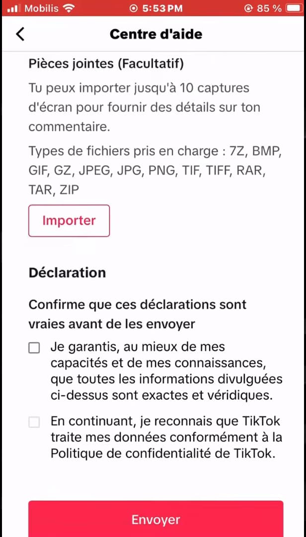 Section Pièces jointes et bouton Envoyer du formulaire TikTok