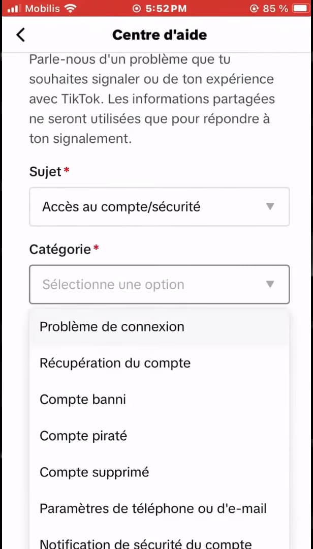 Menu Catégorie du Centre d'aide TikTok avec Récupération du compte