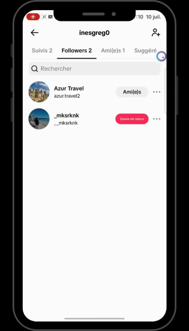 Onglet Ami(e)s de la liste d'abonnements TikTok