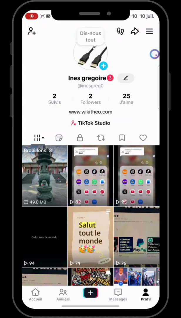 Profil TikTok avec les abonnements et followers