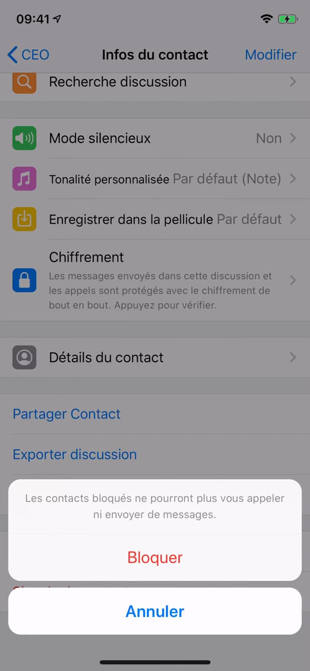Confirming a contact block on WhatsApp