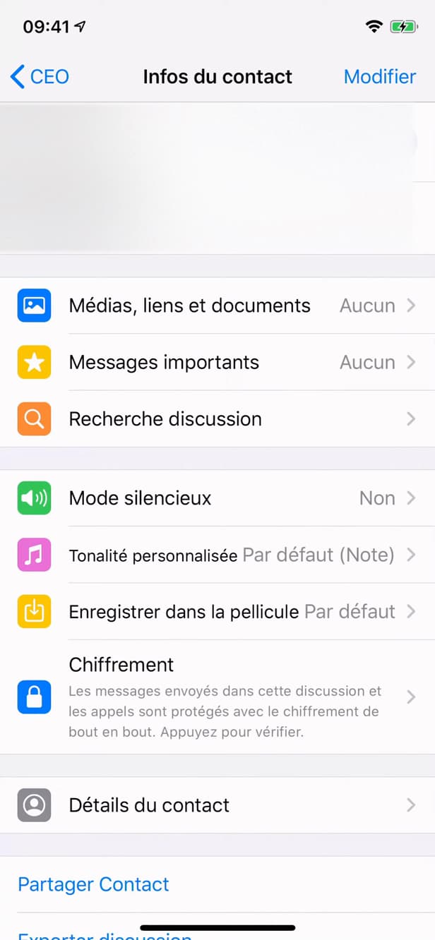 Contact info screen on WhatsApp