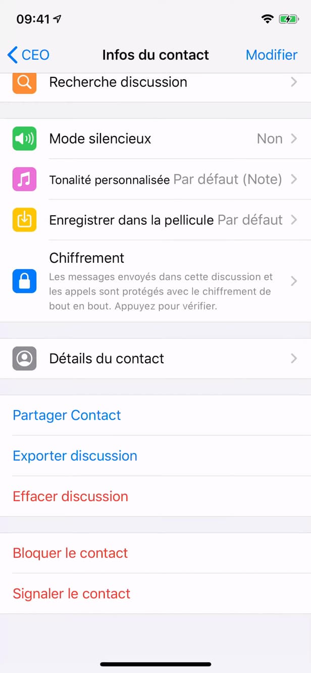 Option Bloquer le contact sur WhatsApp