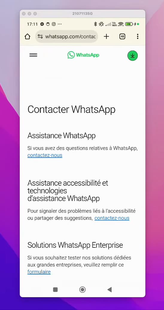 Page Contacter WhatsApp avec le lien contactez-nous de l'assistance