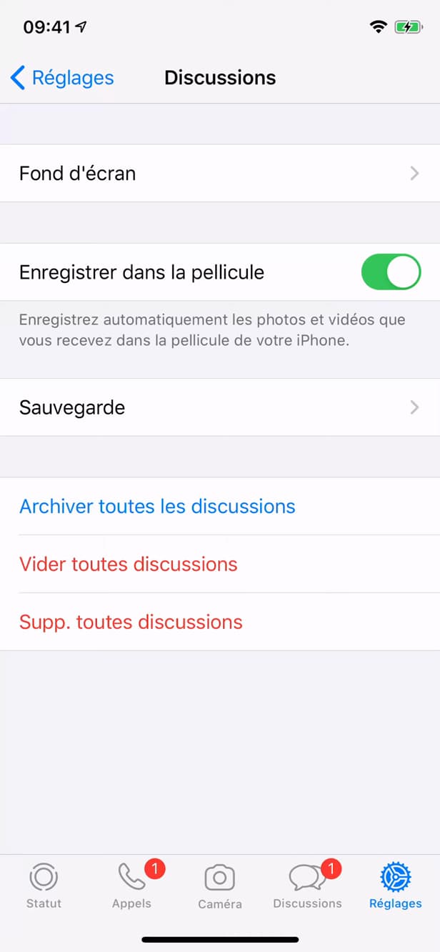 Réglages Discussions de WhatsApp