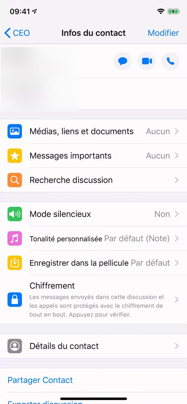 Contact info screen on WhatsApp