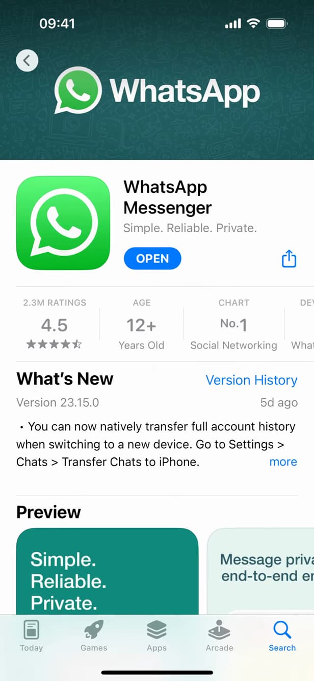 Page WhatsApp sur l'App Store iPhone avec le bouton de mise à jour
