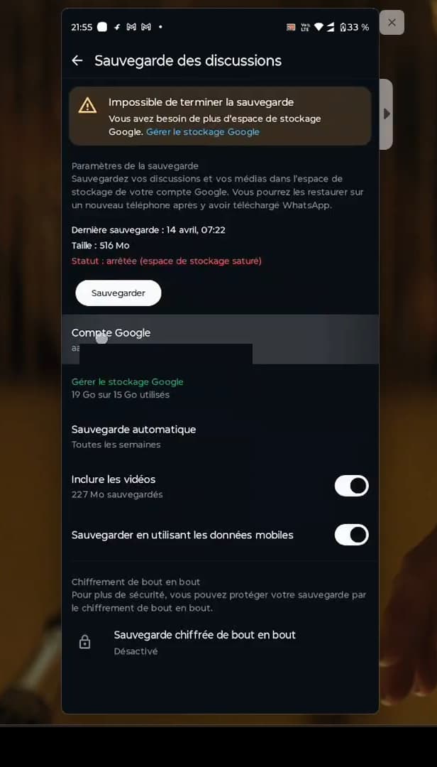 Écran Sauvegarde des discussions WhatsApp avec le compte Google