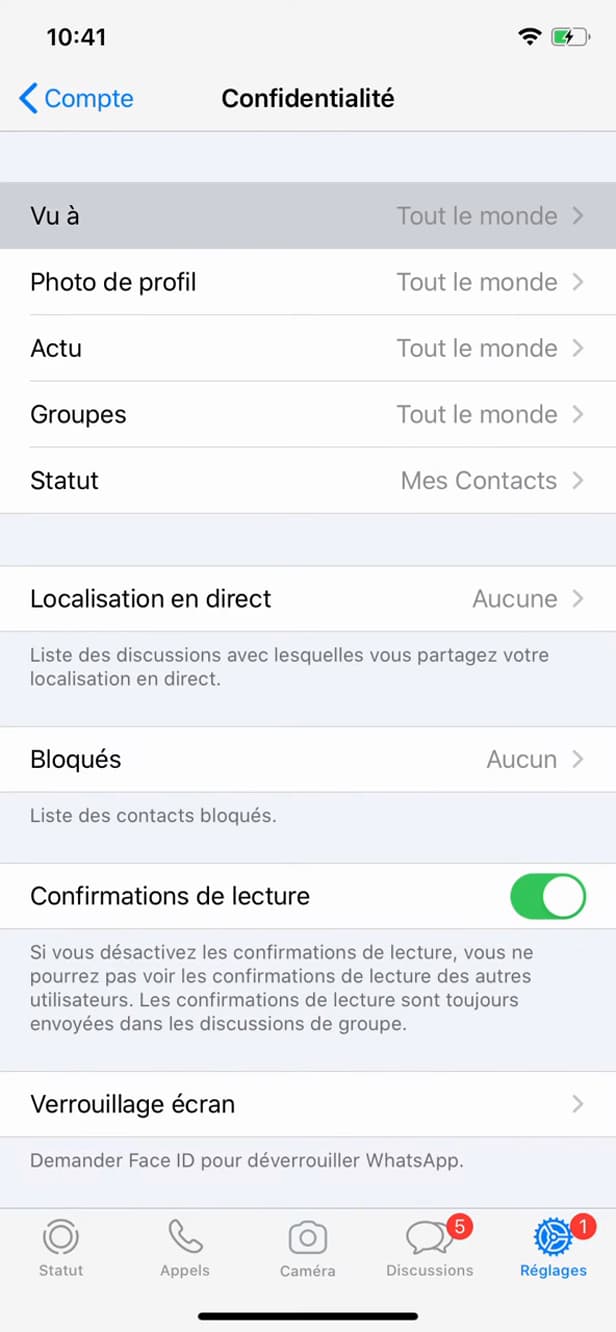 Réglages de confidentialité de WhatsApp