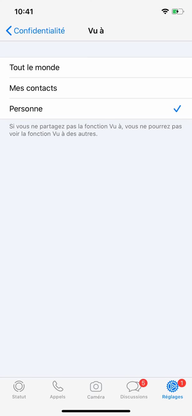 Réglage Vu à sur Personne dans WhatsApp