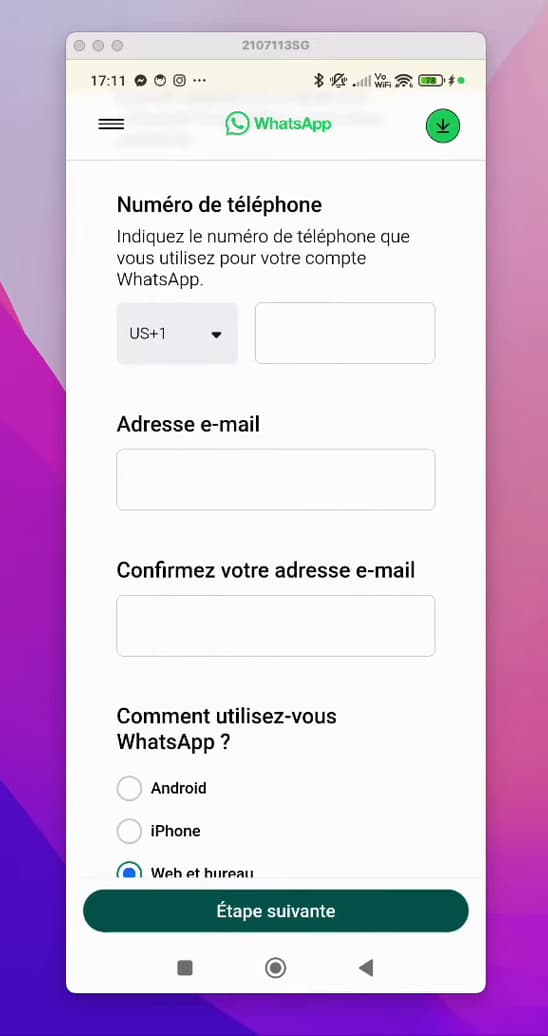 WhatsApp support form with the phone number and email address fields