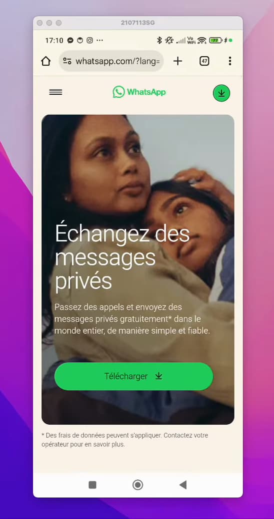 whatsapp.com homepage open in a mobile browser