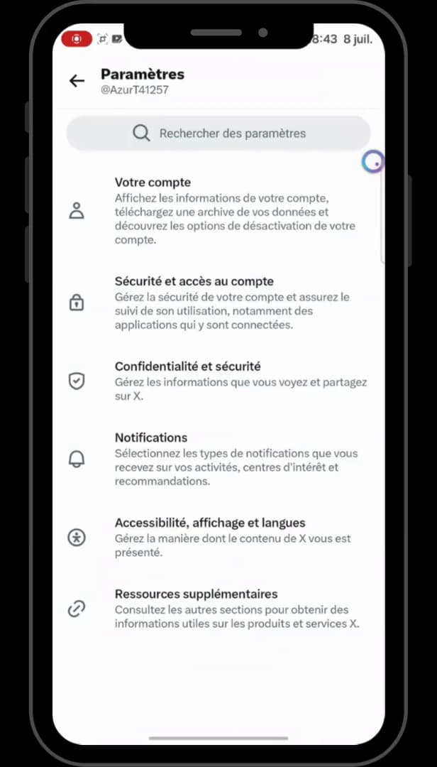 Liste des paramètres X avec l'option Confidentialité et sécurité