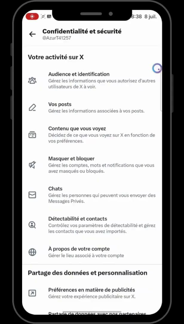 Section Confidentialité et sécurité de X avec Audience et identification